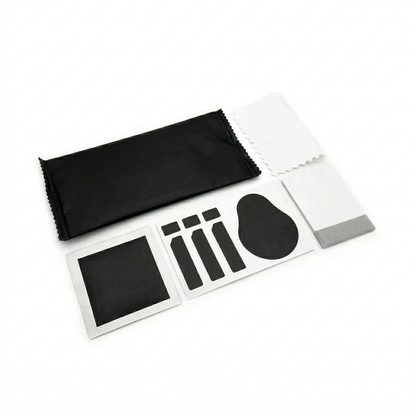 Everything you need: Cloth, wipes, guides, dust remover and squeegee. 