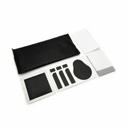 Everything you need: Cloth, wipes, guides, dust remover and squeegee. 